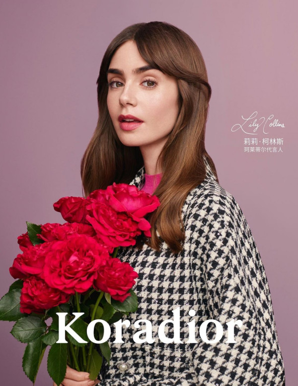 Lily Collins en shooting pour Koradior, collection hiver 2023