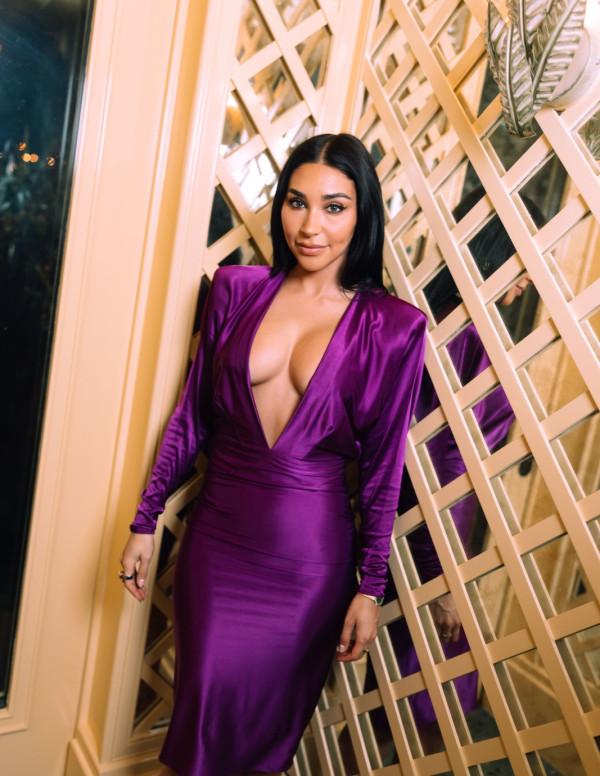 Chantel Jeffries à la Vas J Morgan Grammy Party, satin violet, gravité en congé