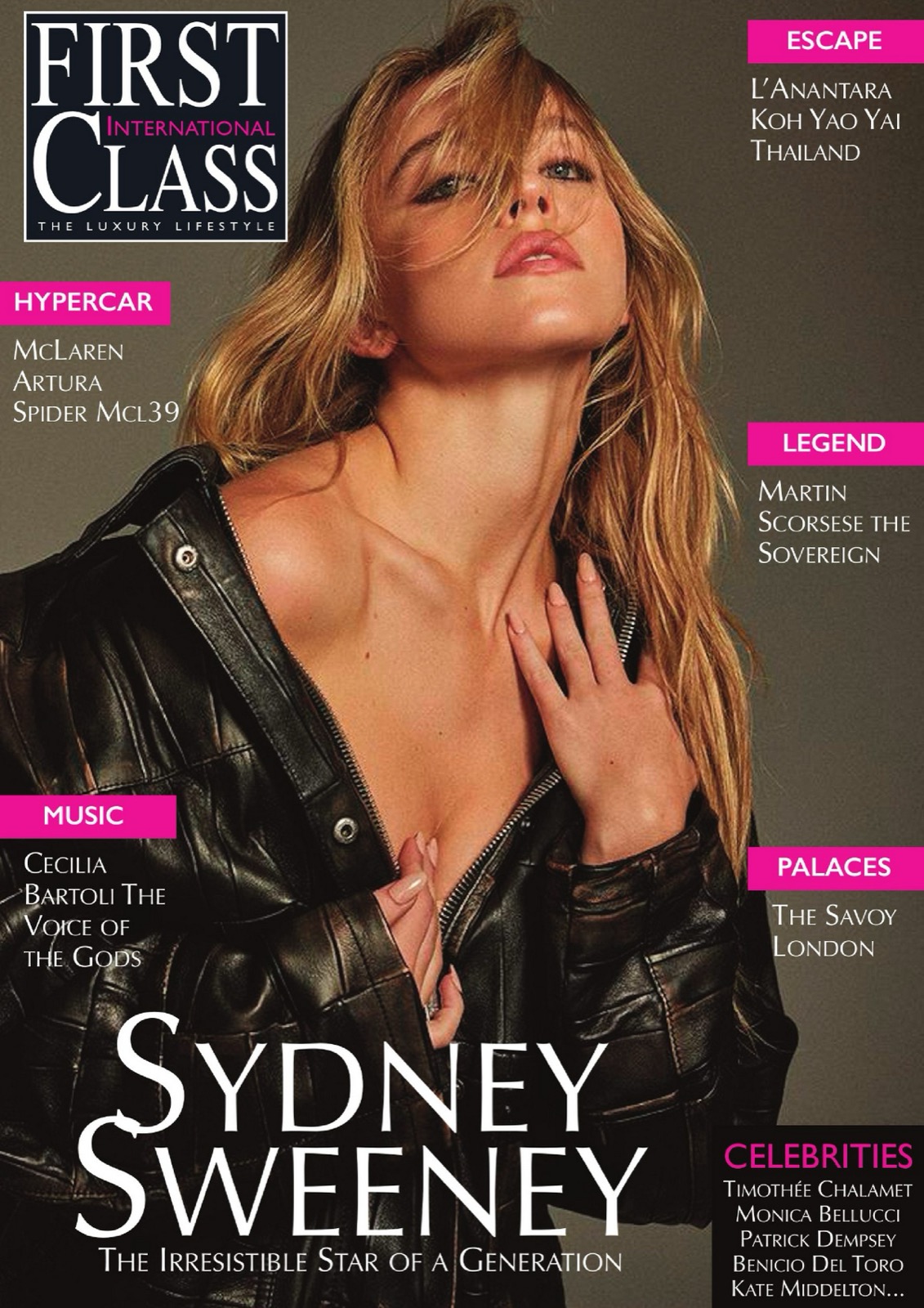 Sydney Sweeney en couverture de First Class Magazine, cuir noir entrouvert