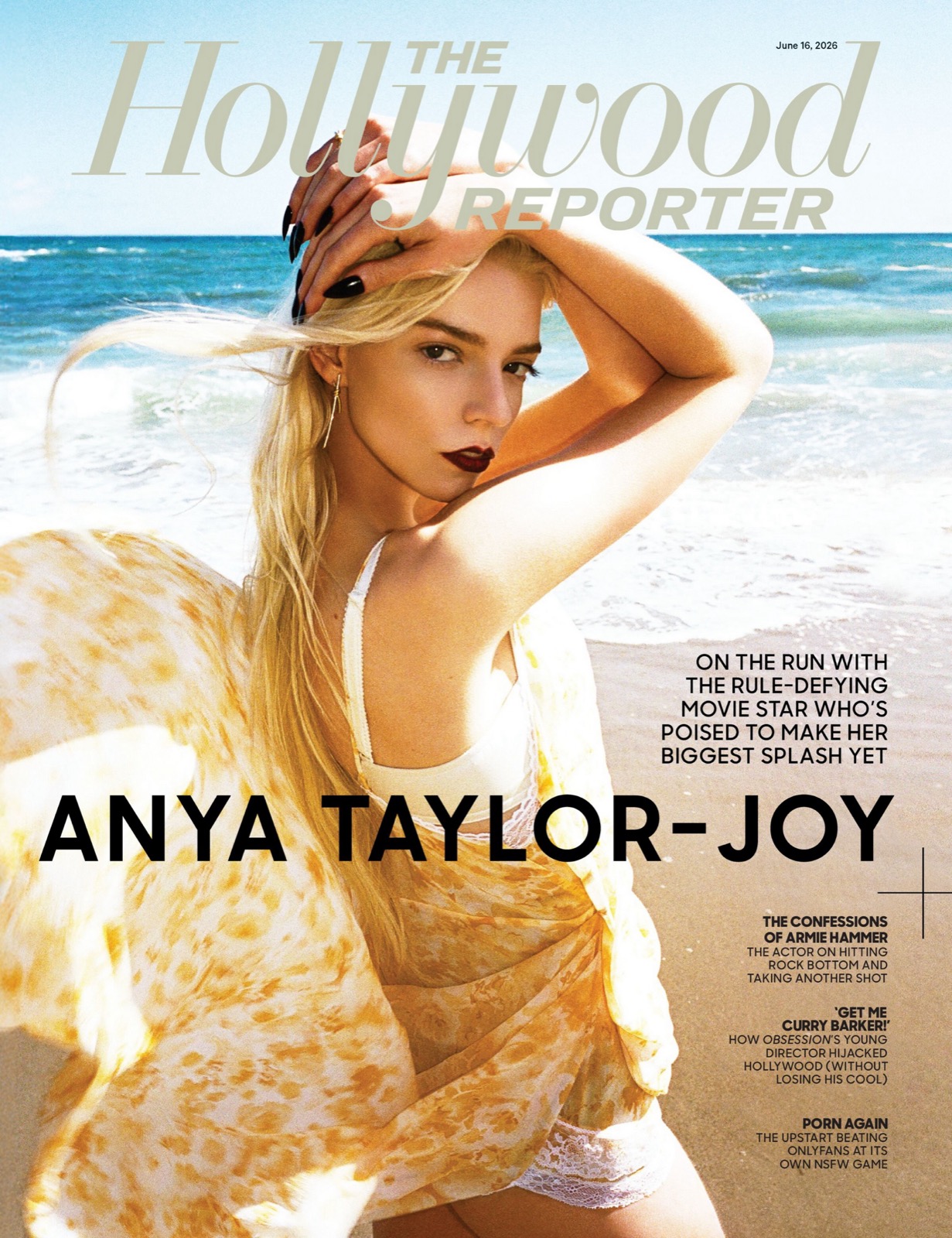 Anya Taylor-Joy en dentelle blanche face à l’océan du Hollywood Reporter