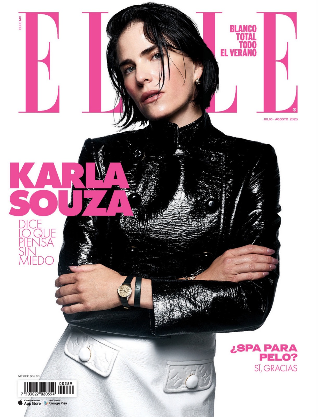 Karla Souza en couverture d’ELLE Mexique, cuir noir et carré mouillé