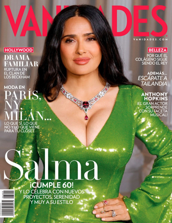 Salma Hayek en couverture, robe verte brillante et décolleté sans complexe