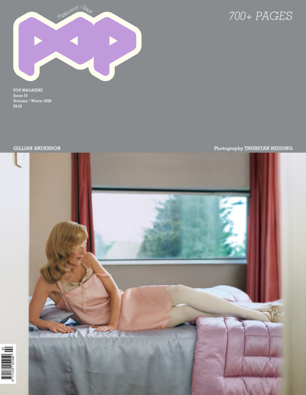 Gillian Anderson chez Pop Magazine, nuisette rose et bas blancs